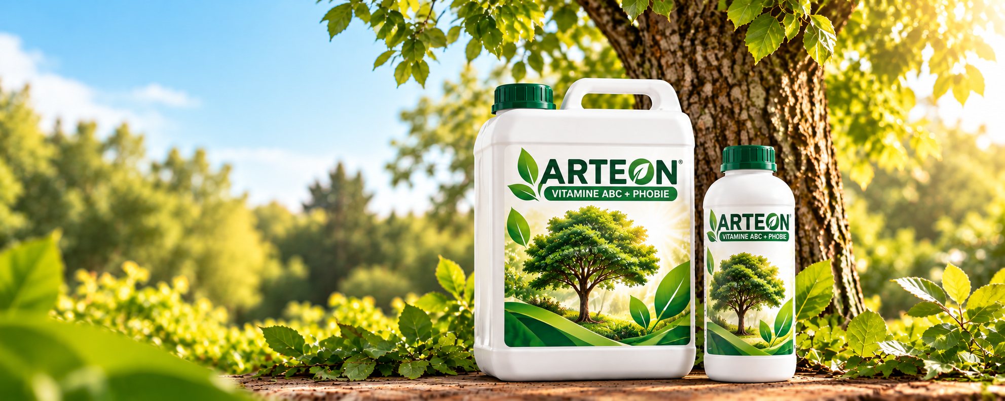 Bidon 5 L et flacon 1 L d’Arteon Vitamine ABC + Phobie au pied d’un arbre