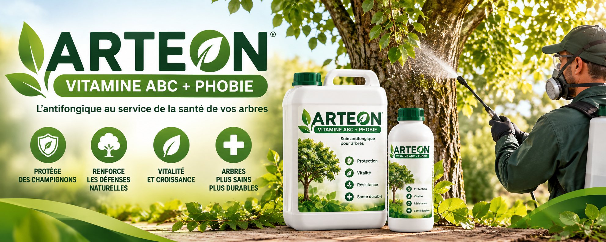 Arteon Vitamine ABC + Phobie, l’antifongique au service de la santé de vos arbres : bidon et flacon devant un arbre traité au pulvérisateur